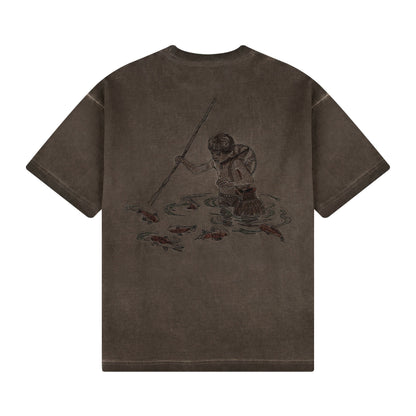 "lotus" T shirt oil washed brown
