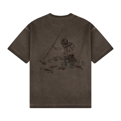 "lotus" T shirt oil washed brown