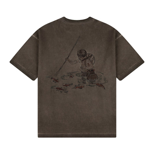 "lotus" T shirt oil washed brown